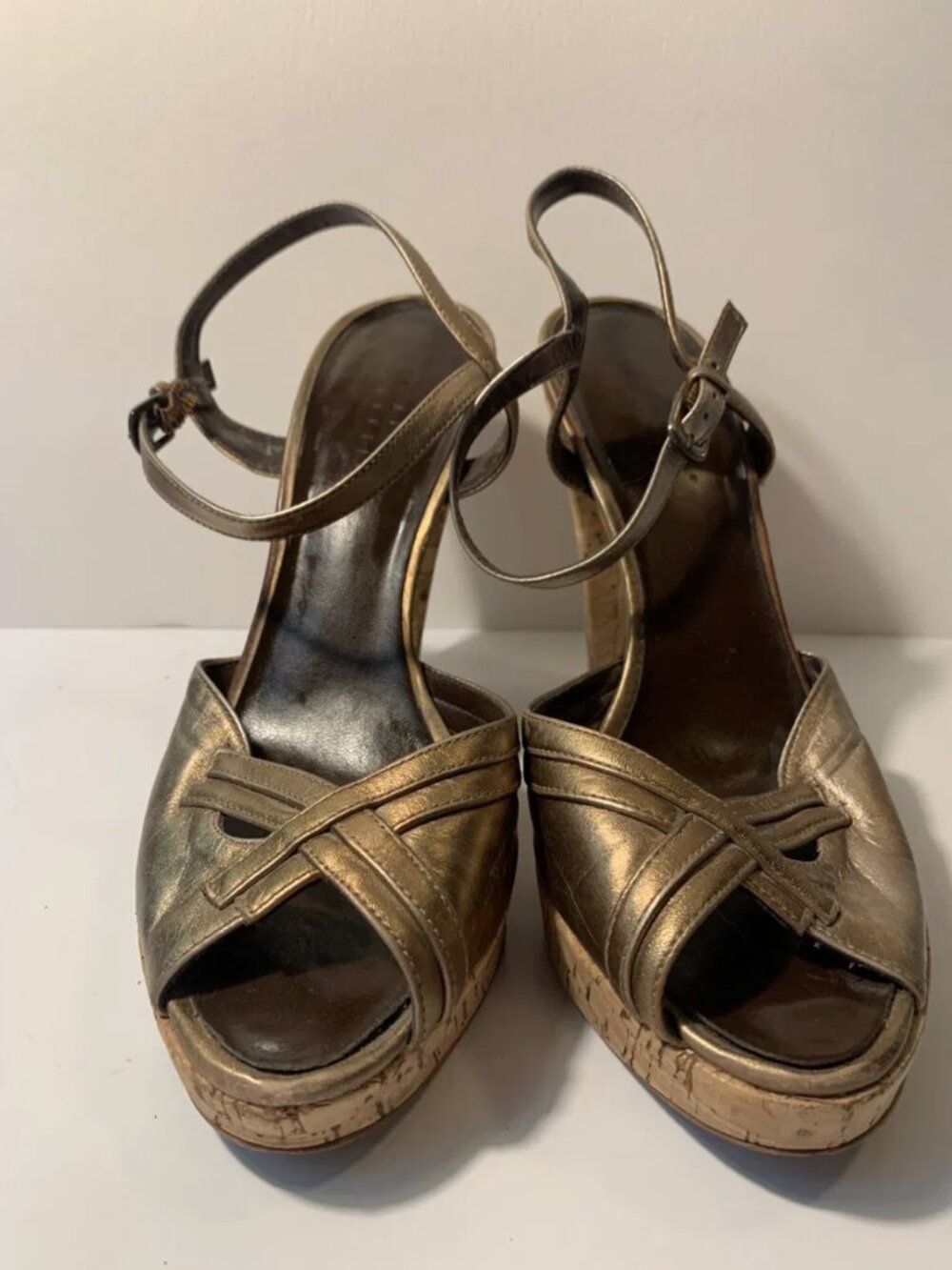 Carole Little Bronze Metallic Leather Cork Platform Ankle Strap Sandals Womens 7